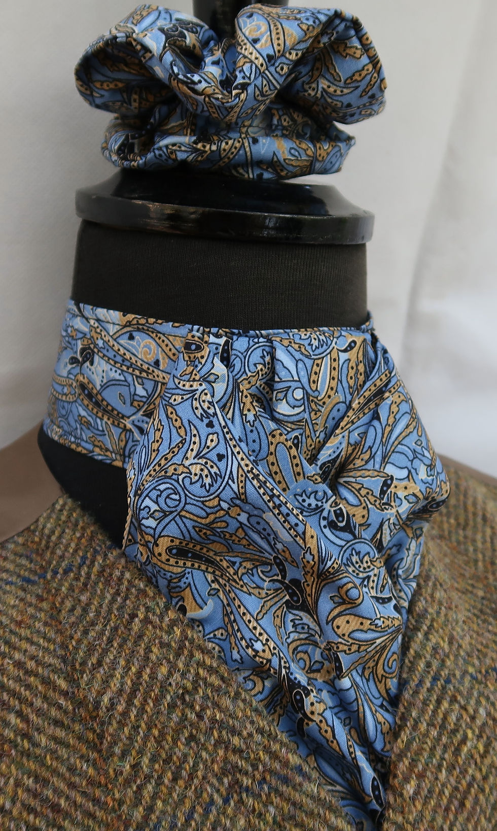 Thumbnail: Ready Tied or Self Tie French Blue Mustard Paisley Cotton Stock Scrunchie Square