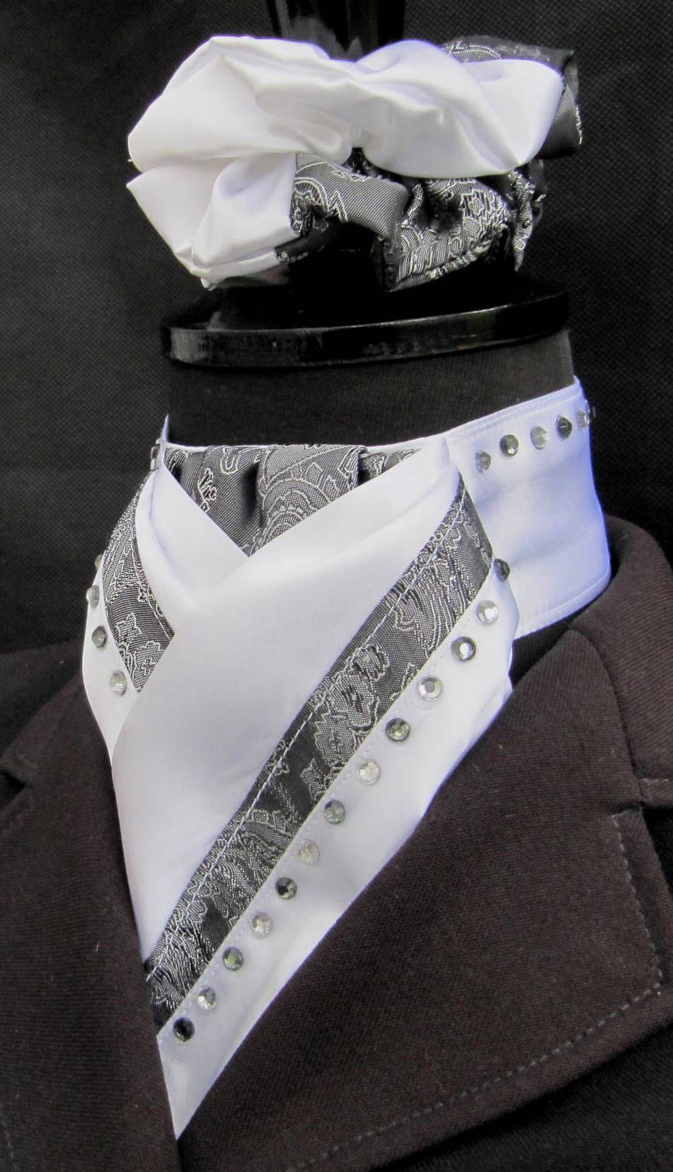 Thumbnail: White with Grey Paisley Faux Silk Riding Stock with option of Diamantes