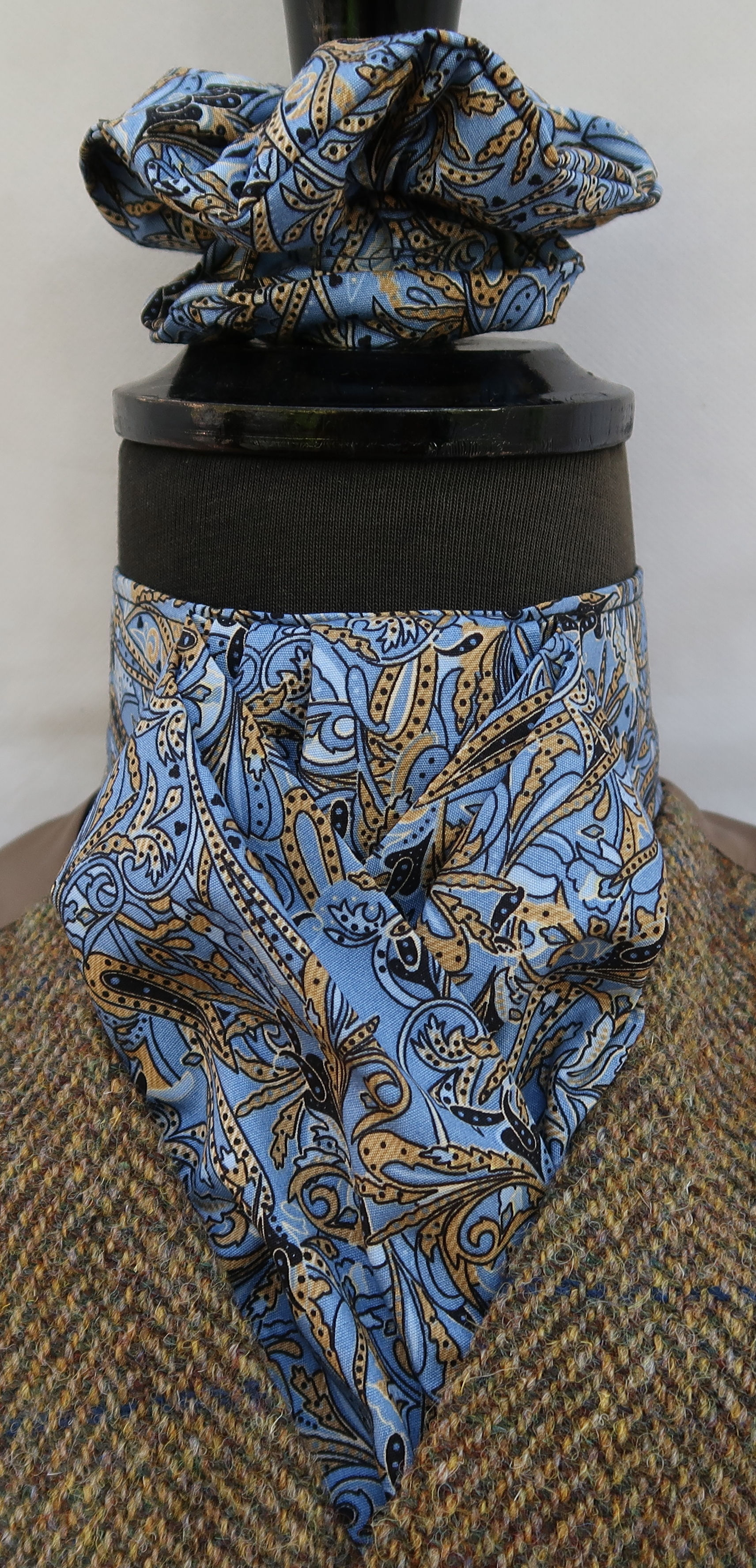 Ready Tied or Self Tie French Blue Mustard Paisley Cotton Stock Scrunchie Square