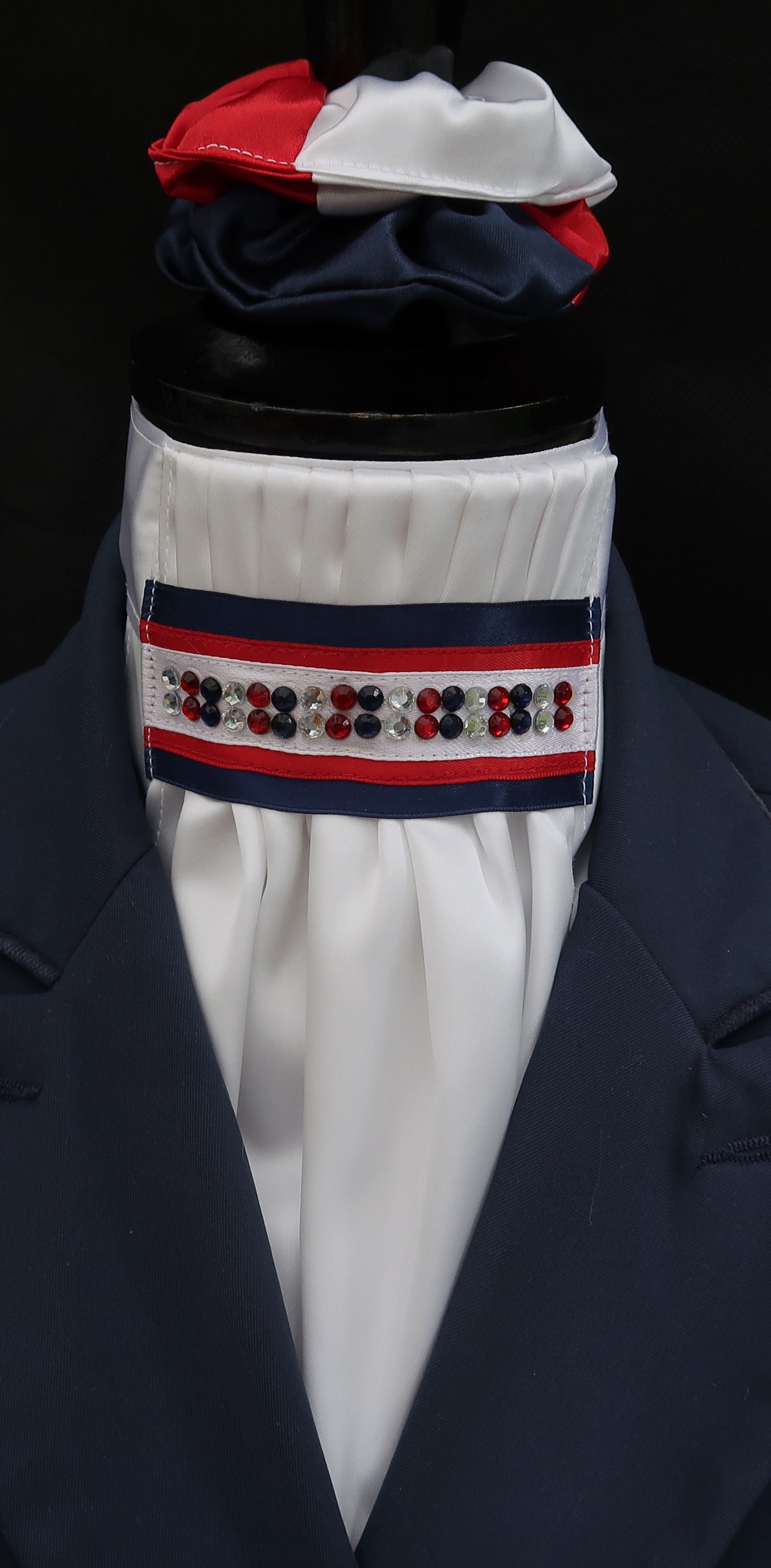 Ready Tied White Satin Bib with Red White Blue Diamantes Stock Scrunchie Square