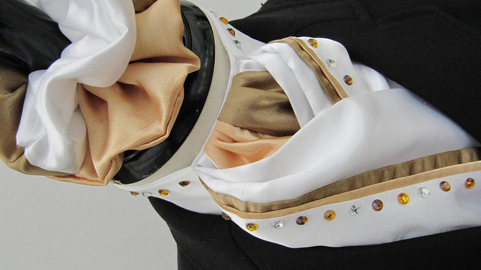 Thumbnail: White Faux Silk with Two Colour Golds Riding Stock, option of Diamantes