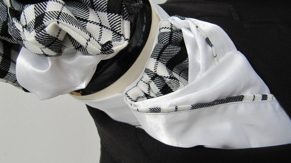 Thumbnail: White Faux Silk White & Black Tartan Riding Stock, option of Scrunchie