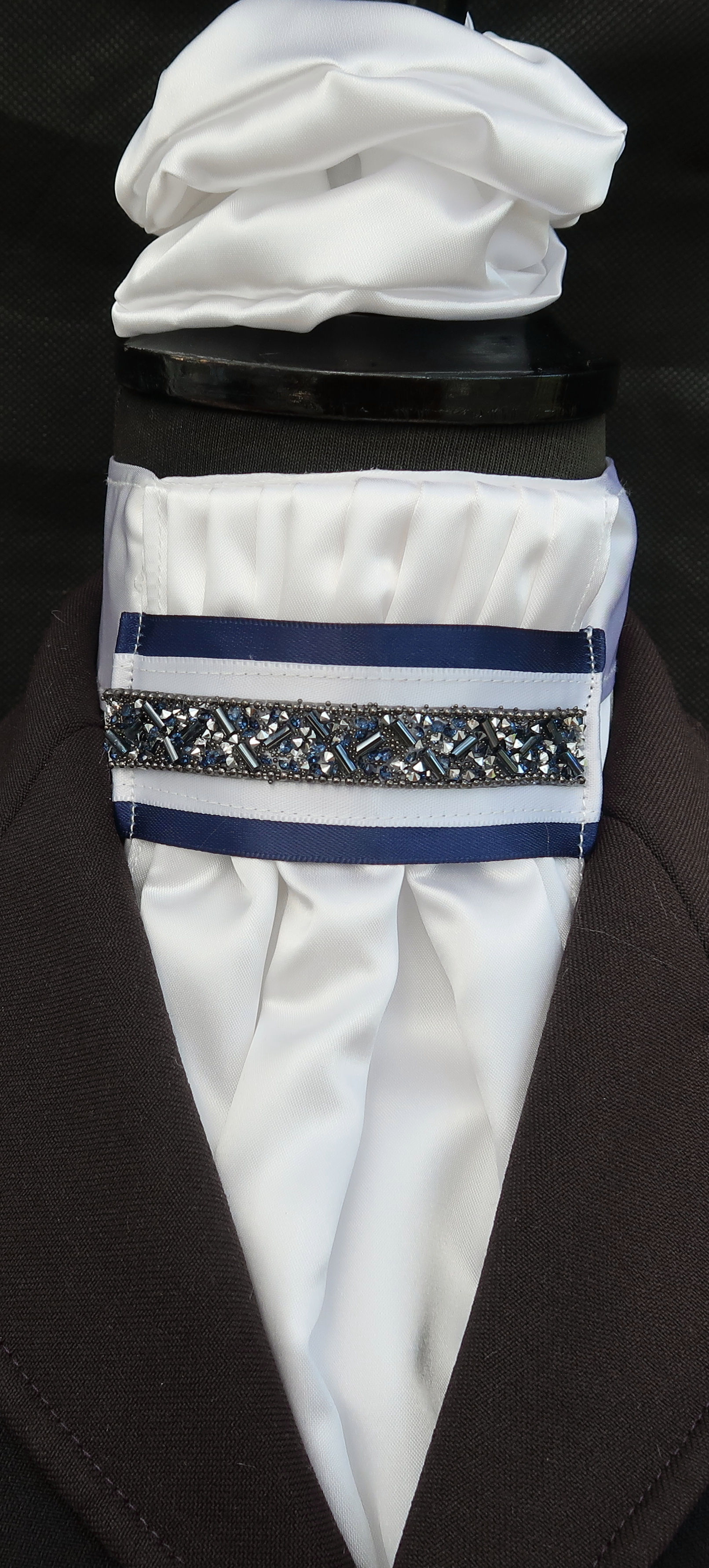 Ready Tied White Faux Silk Bib with Dark blue and black bling diamante Riding St