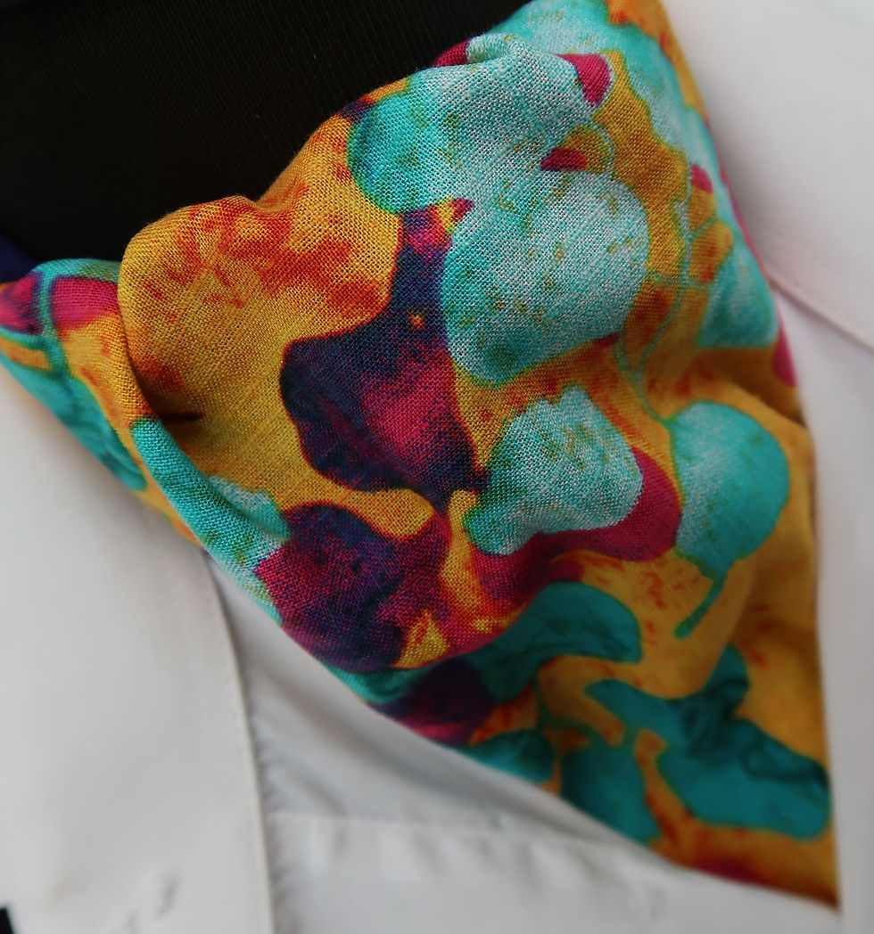 Thumbnail: Vibrant Mustard Turquoise and Magenta Abstract Cotton Blend Ascot Cravat / pocke