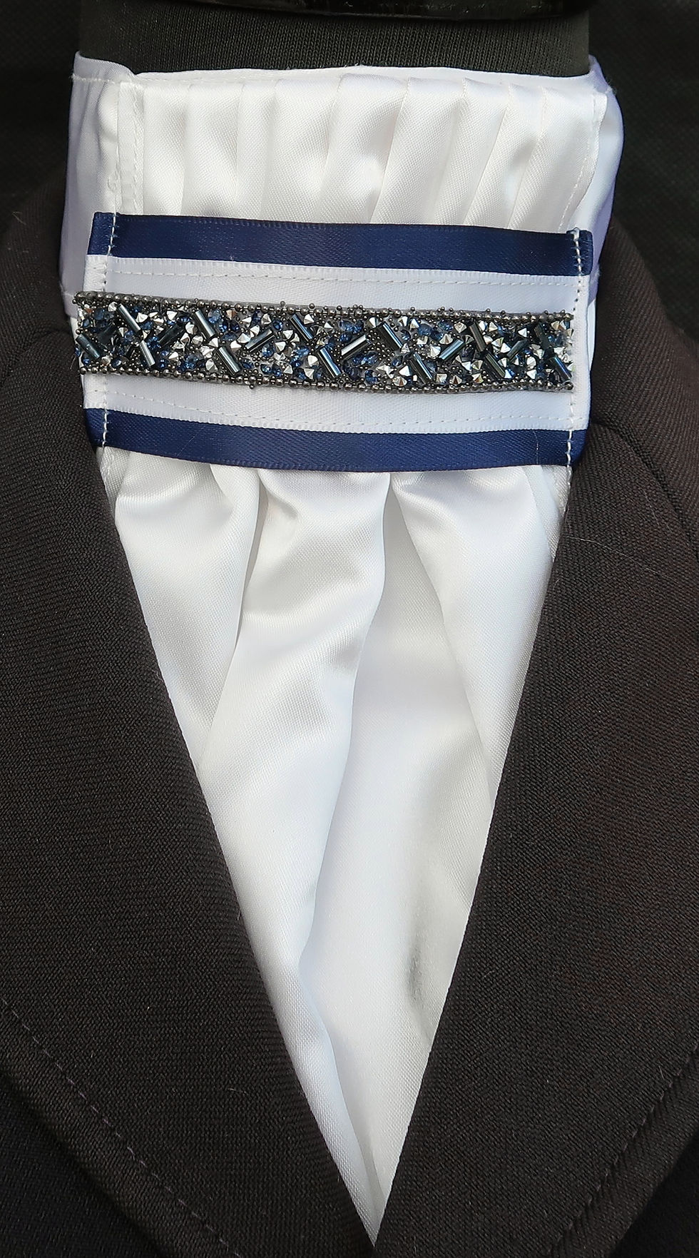 Thumbnail: Ready Tied White Faux Silk Bib with Dark blue and black bling diamante Riding St
