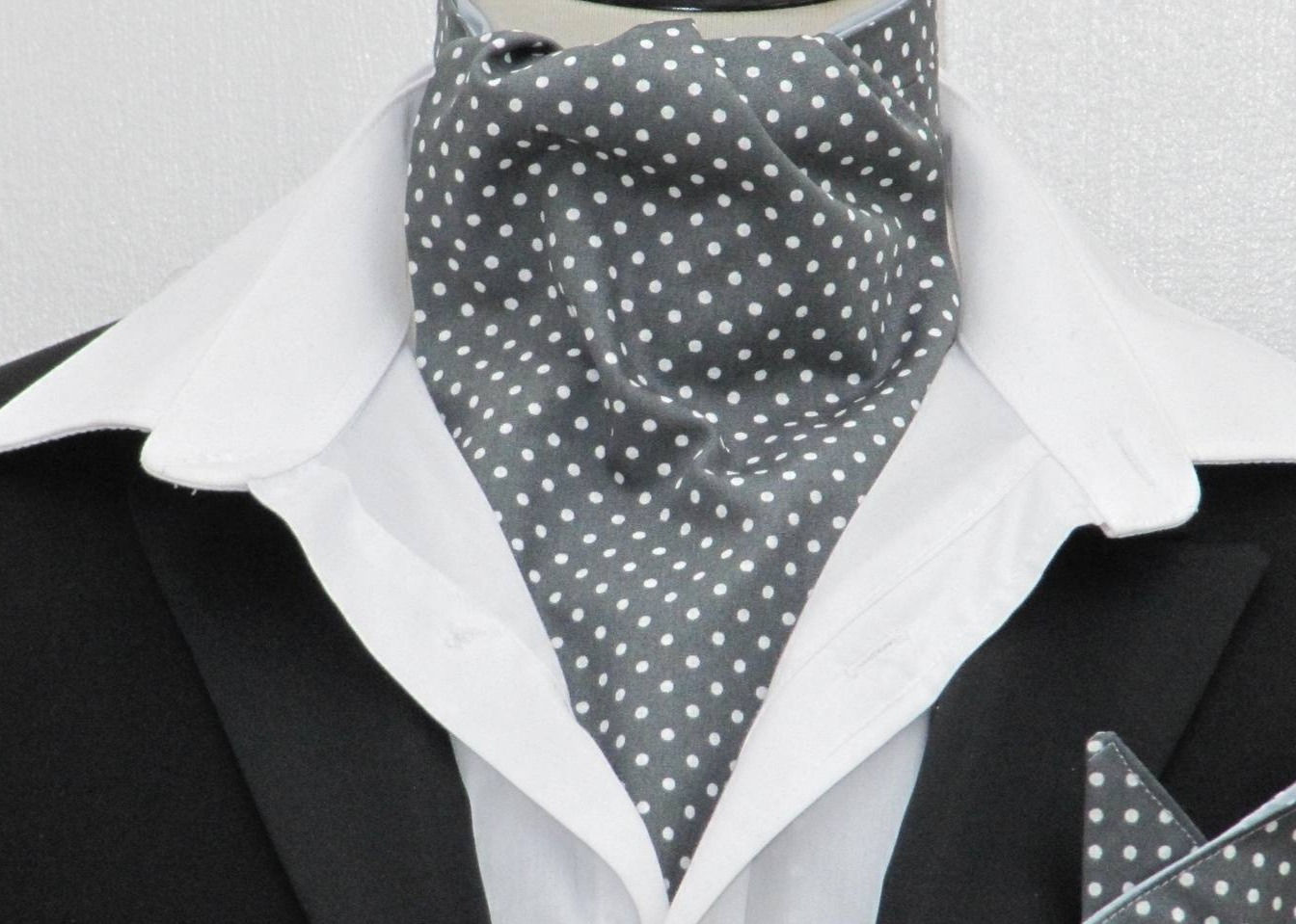Mens Steel Grey & White Small Pin Dot Cotton Ascot Cravat & Pocket Square