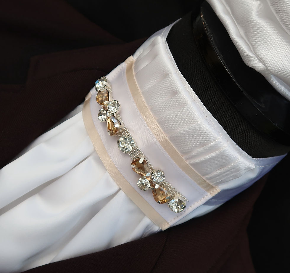 Thumbnail: Ready Tied White Faux Silk Bib with Champagne Diamantes Riding Stock Scrunchie