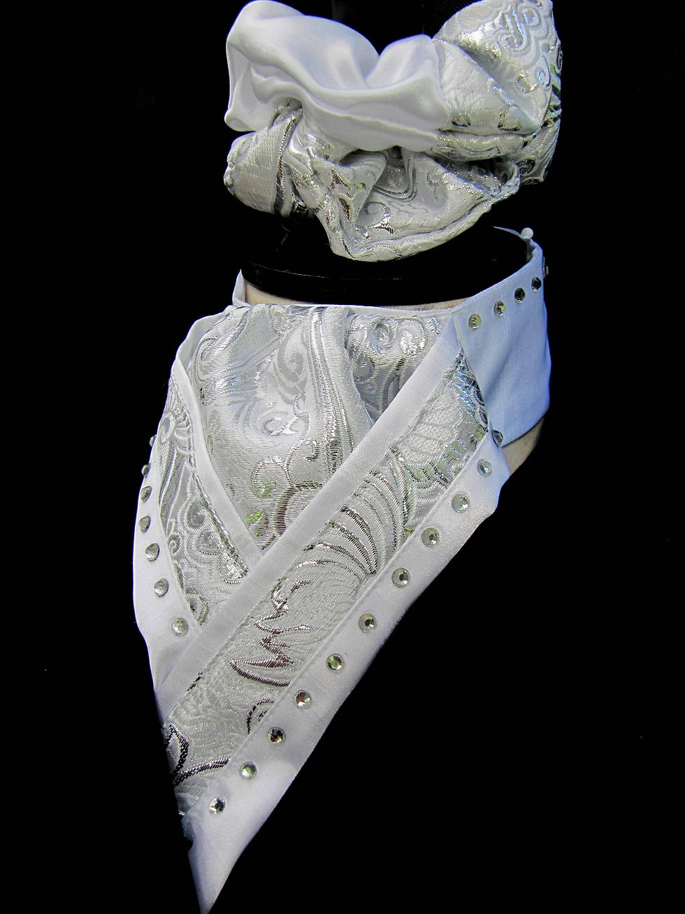 Thumbnail: White Faux Silk & Silver Brocade Riding Stock, option of Diamantes