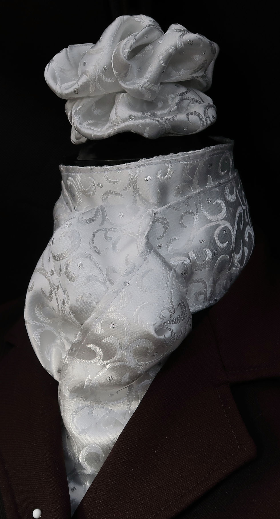 Thumbnail: Ready Tied or Self Tie White Jacquard with swirl design Stock Tie Scrunchie
