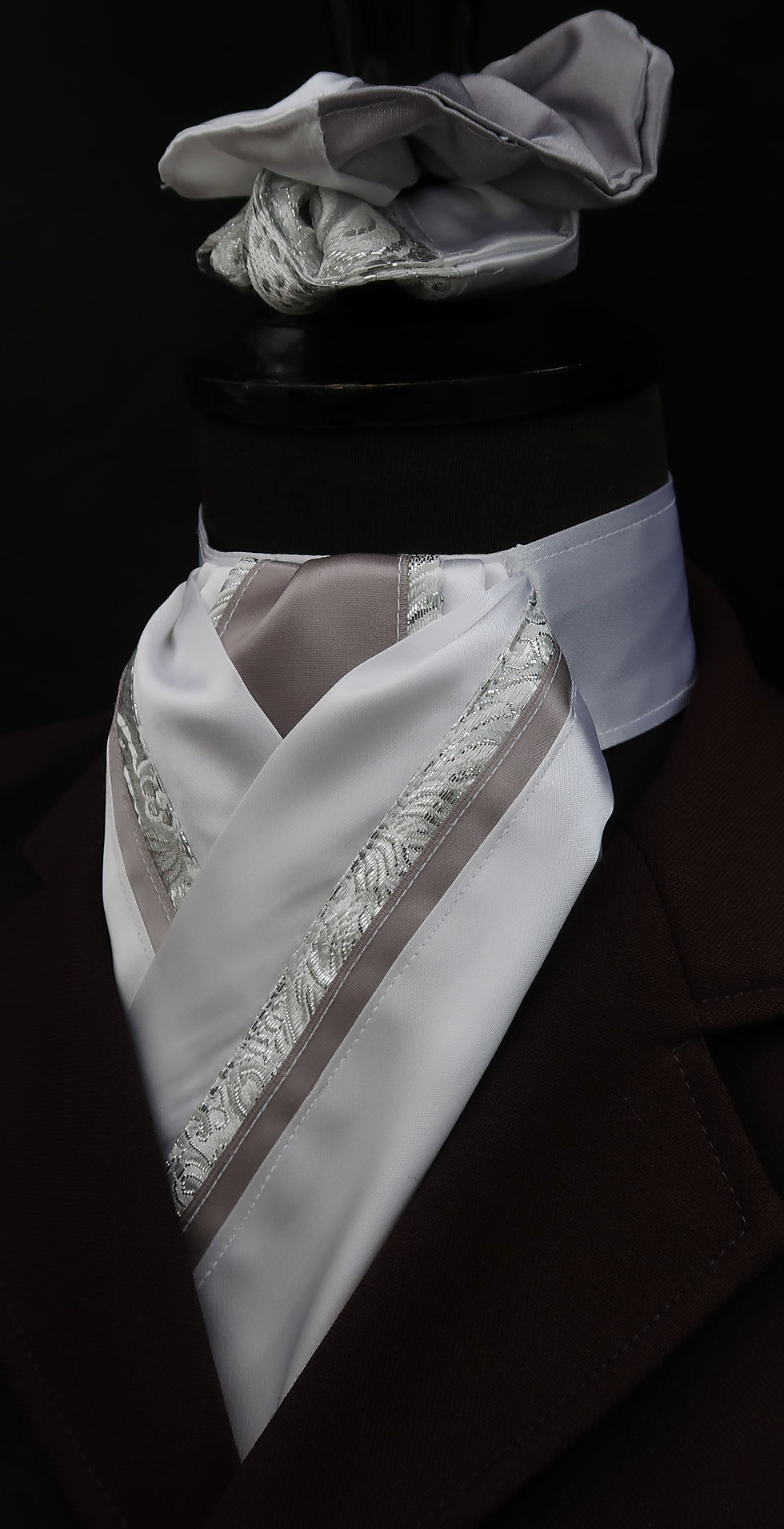Thumbnail: Ready Tied White Grey Faux Silk and Silver Paisley Riding Stock Scrunchie Square