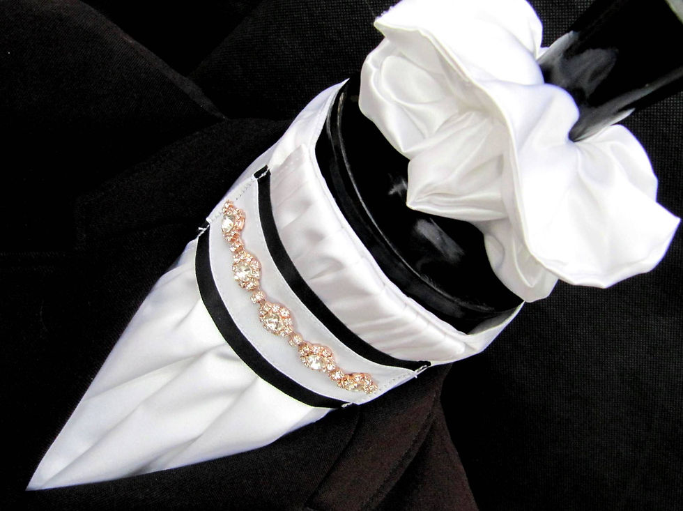 Thumbnail: White Faux Silk Riding Stock Bib with Black and Rose Gold Diamante Detail