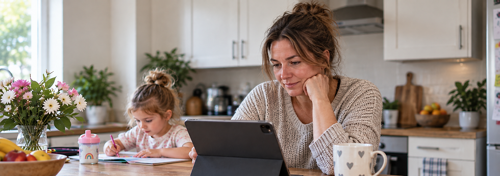 Woman using a tablet for an affiliate program at home.