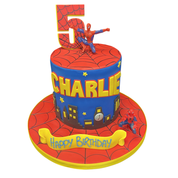 Bespoke Spiderman celebration cake with red and blue web design, displayed in Solihull, West Midlands.