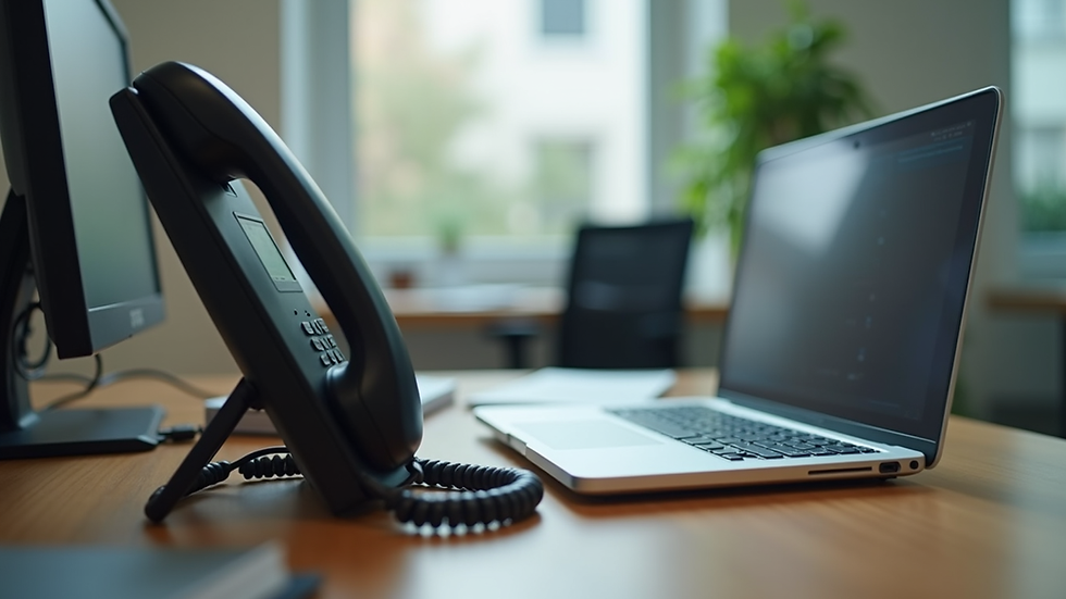Eye-level view of a small office desk with a VoIP phone and laptop