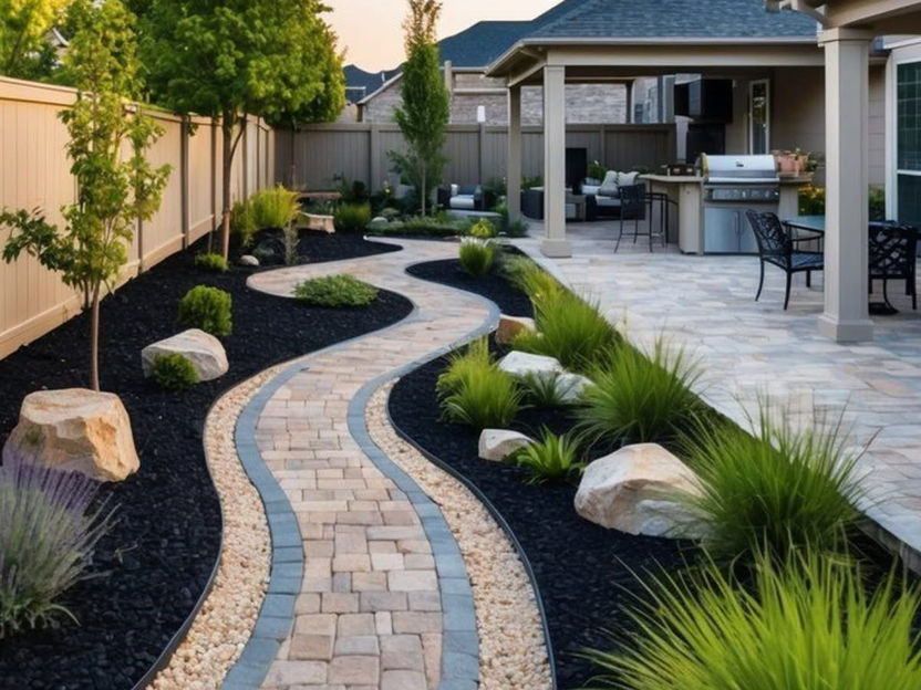 Curved paver walkway and decorative rock landscaping in Salt Lake County residential yard