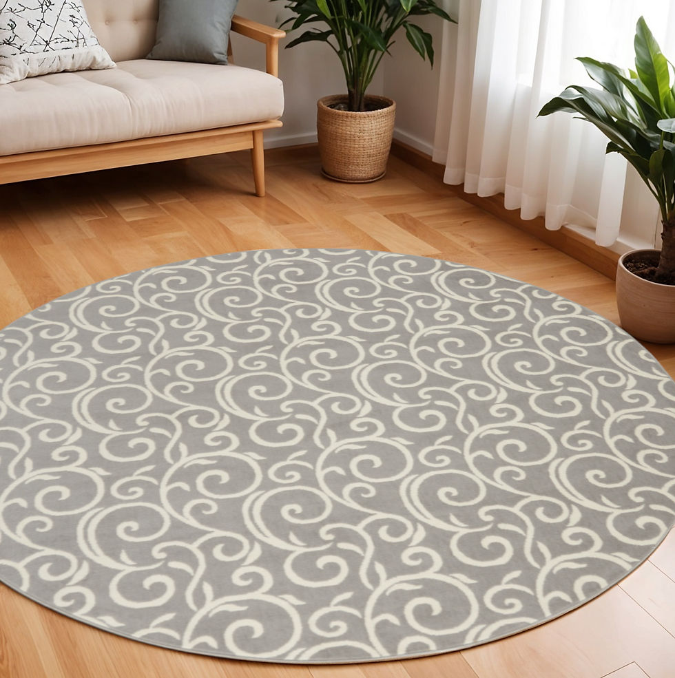 8' Gray and Ivory Round Floral Vines Power Loom Area Rug