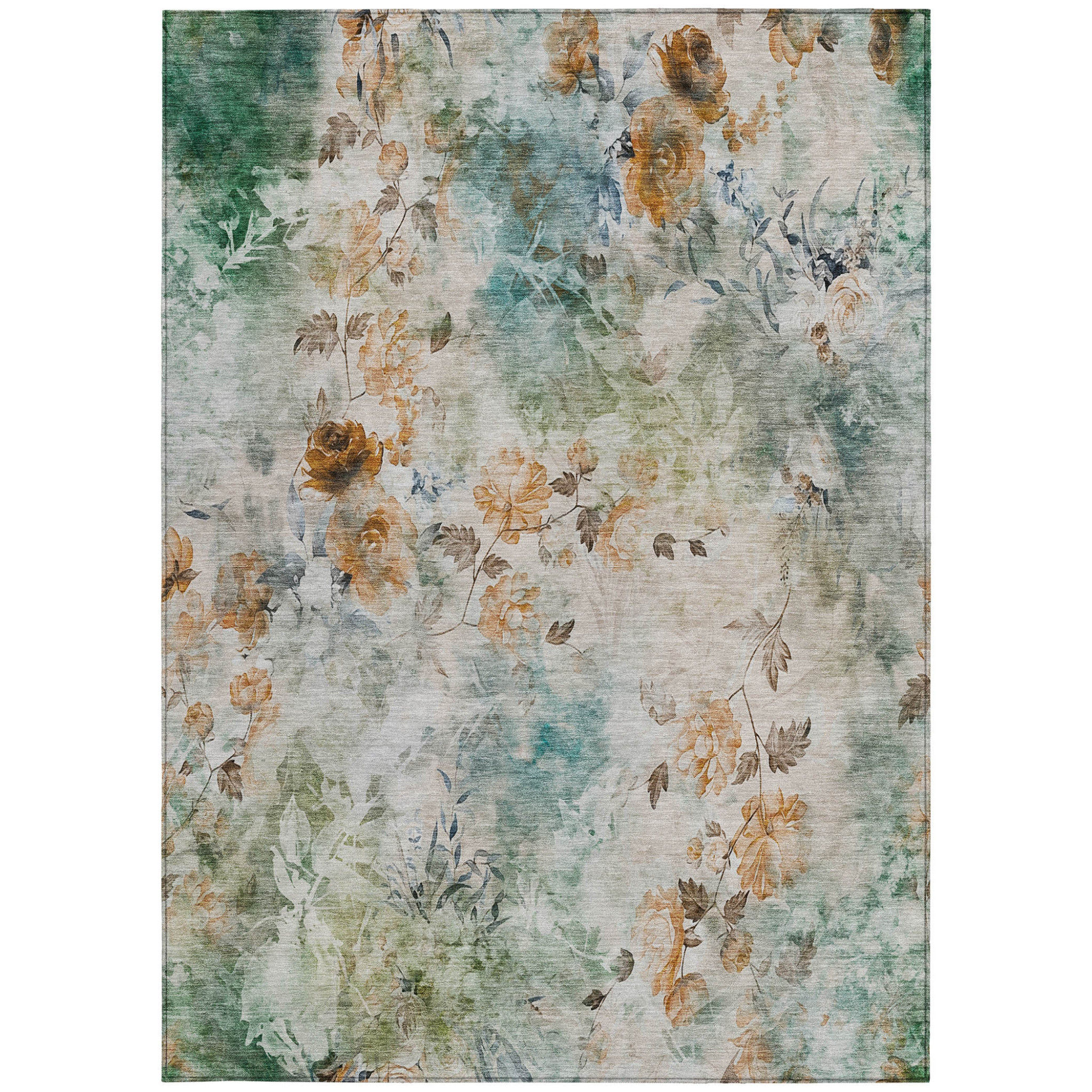 8' X 10' Teal Blue And Green Floral Washable Indoor Outdoor Area Rug
