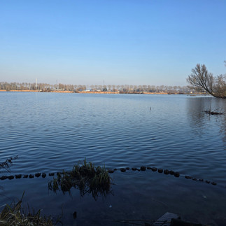 A look out over water, a path and land visible on the far side.