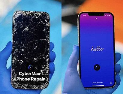 Before and after phone screen repair and screen replacement on a cracked iPhone by CyberMax iPhone Repair in Charlotte NC