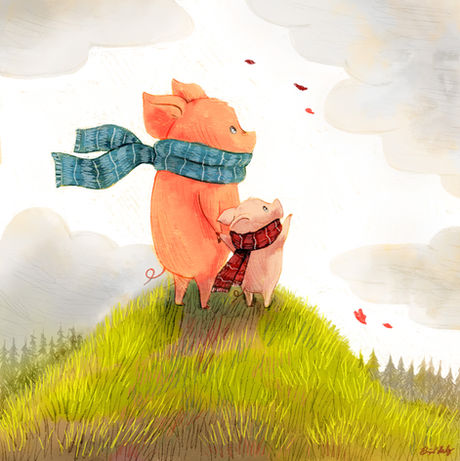 Whimsical illustration of two pigs standing on top of a hill on a cloudy, windy autumn day.