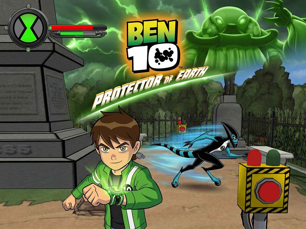 Ben 10 Protector of Earth Game Cover Featuring Ben Tennyson and XLR8 Action Scene with Omnitrix Power in Cartoon Network Adventure Game
