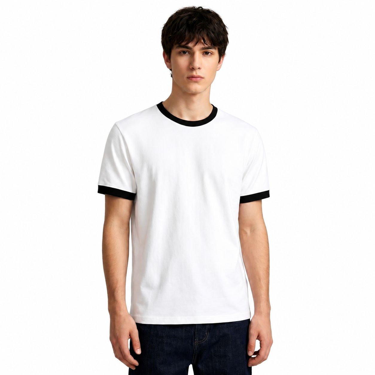 Men's White Round Neck Ringer T-Shirt