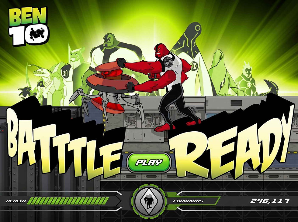 Ben 10 Battle Ready game screenshot featuring Four Arms fighting enemies – action-packed Ben 10 online game with Omnitrix aliens, Cartoon Network gameplay and battle mode scene