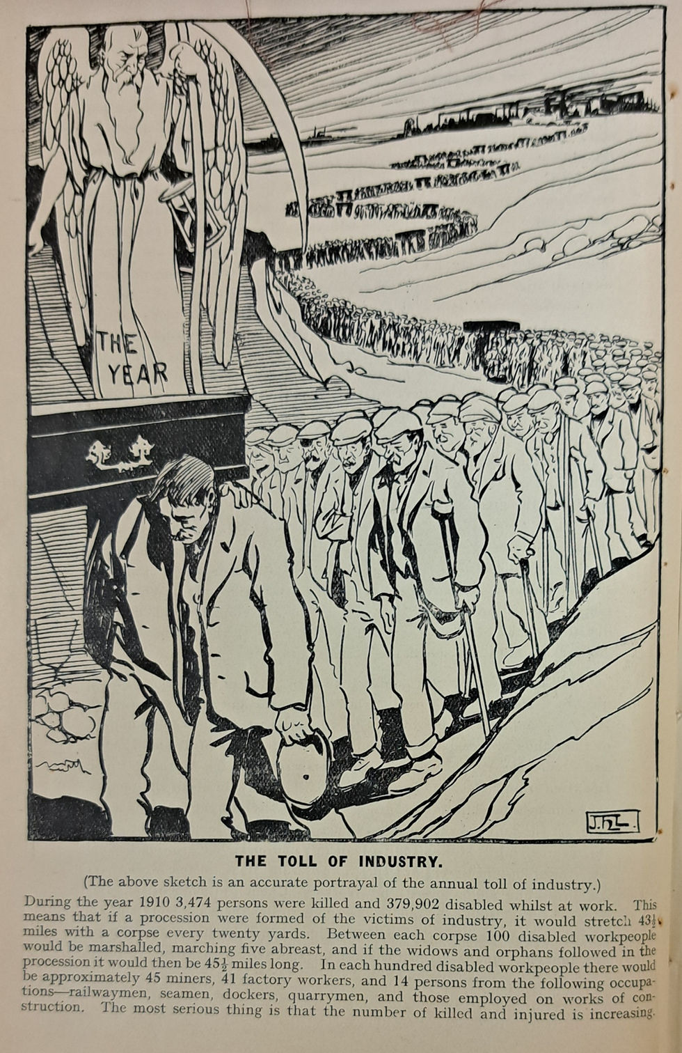 Image shows a winged, mythological figure, holding an hour-glass and overlooking a long line of sad-faced men, five abreast, winding down a long road. The words printed underneath describe the toll of death and injury in 1910 and are reprinted in the body of the story.