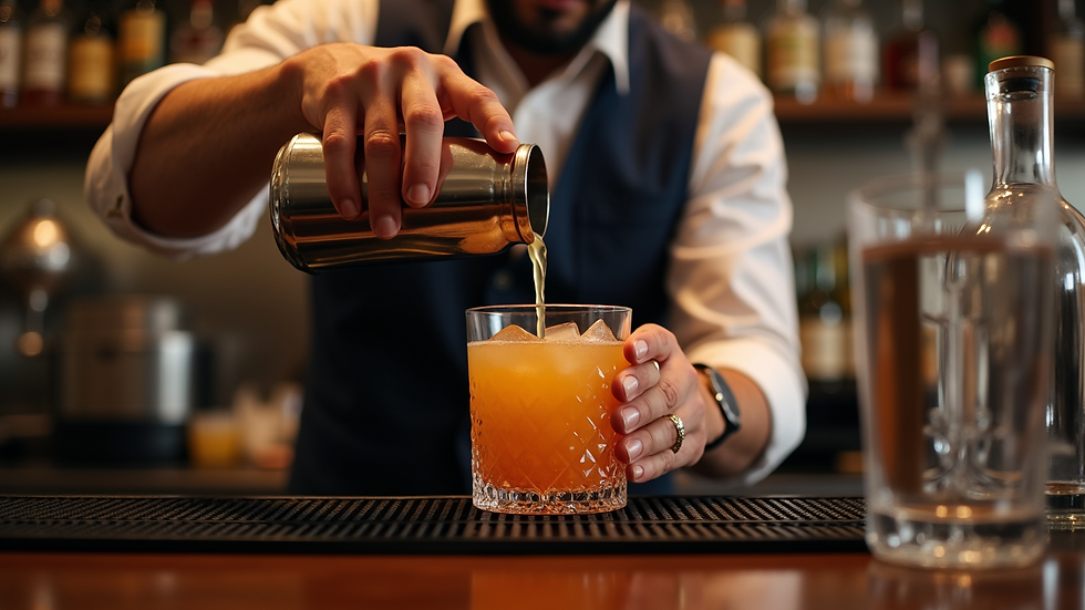 Close-up view of a bartender’s hands pouring a cocktail into a glass