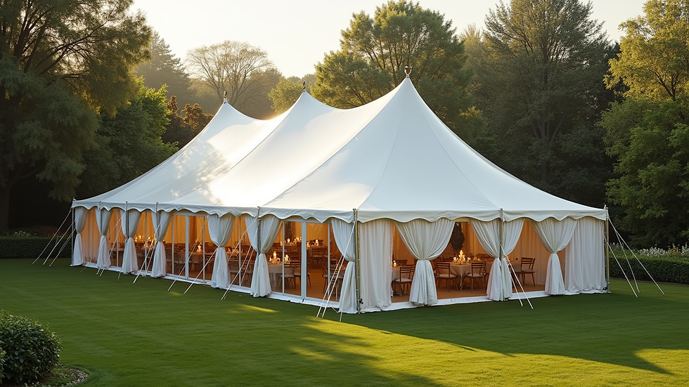 High angle view of a large white party tent set up in a garden