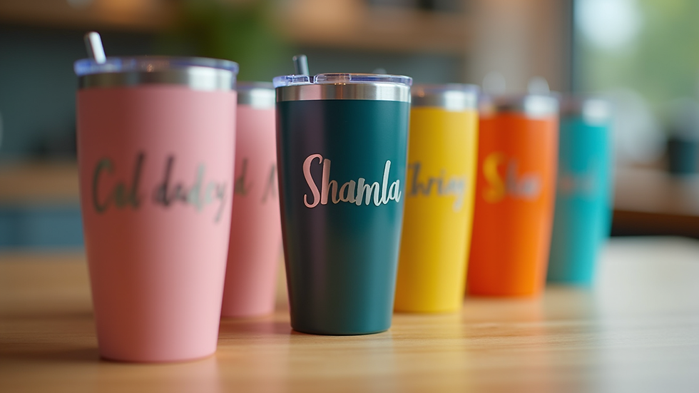 Eye-level view of a collection of personalized tumblers with different names and colors