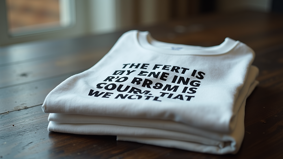 Close-up view of a folded funny graphic T-shirt with a witty quote