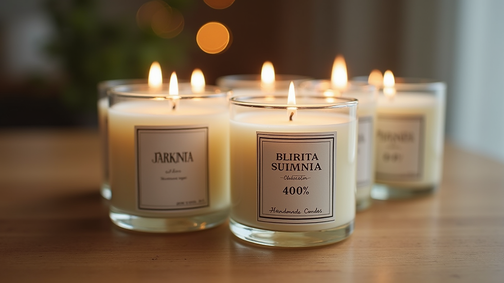 Close-up view of handmade scented candles with decorative labels on a wooden table