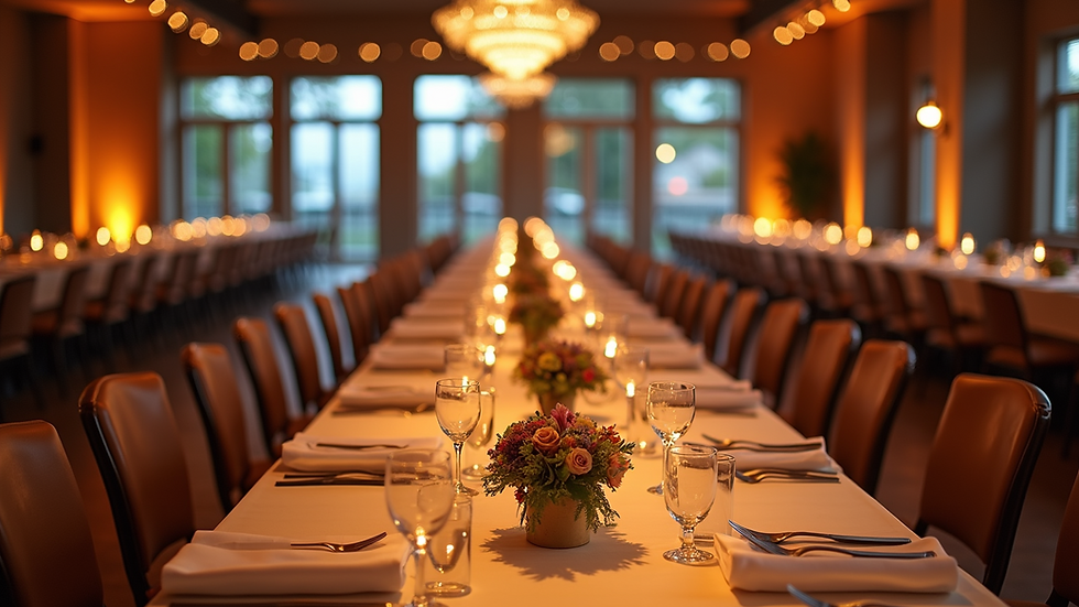 Wide angle view of a spacious event setup with various tables