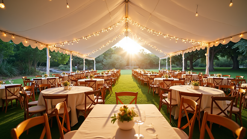 Eye-level view of a neatly arranged outdoor event tent with tables and chairs