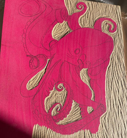 Process Photo, Octopus- Relief Printmaking. 2021