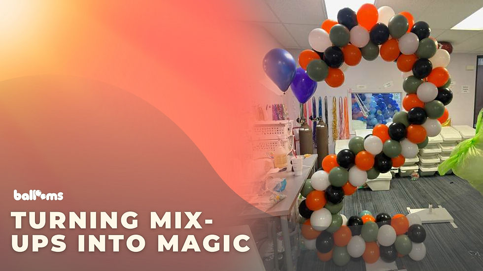 Balloon number sculpture in bright fall colors with overlay text reading “Turning Mix-Ups Into Magic,” illustrating the story behind Allison’s Unforgettable Birthday Surprise.