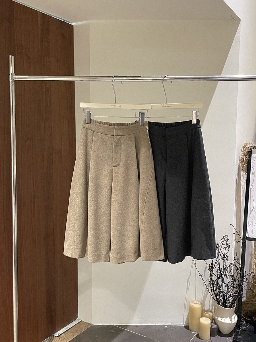 Thumbnail: Gracetina hoo French Style Wool Blend Herringbone Pleated Brushed Wide Leg Cropp