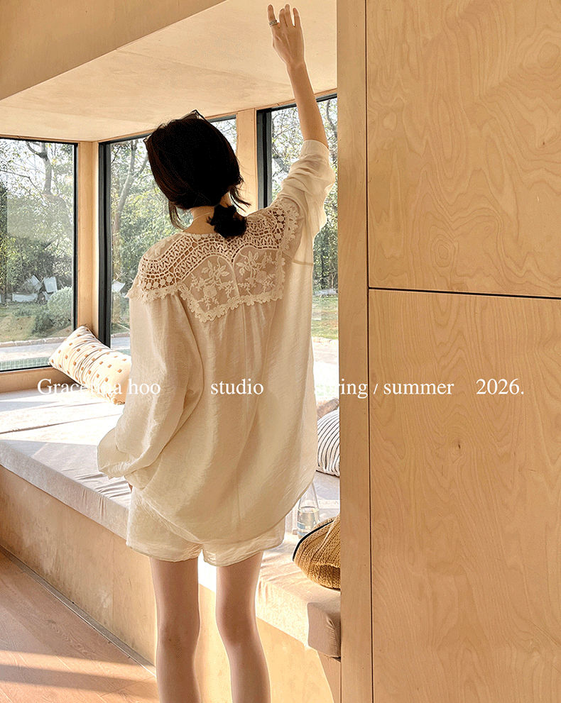 Thumbnail: Gracetina Hoo French Tencel Acetate Openwork Lace Crinkled Shirt and Shorts Sets