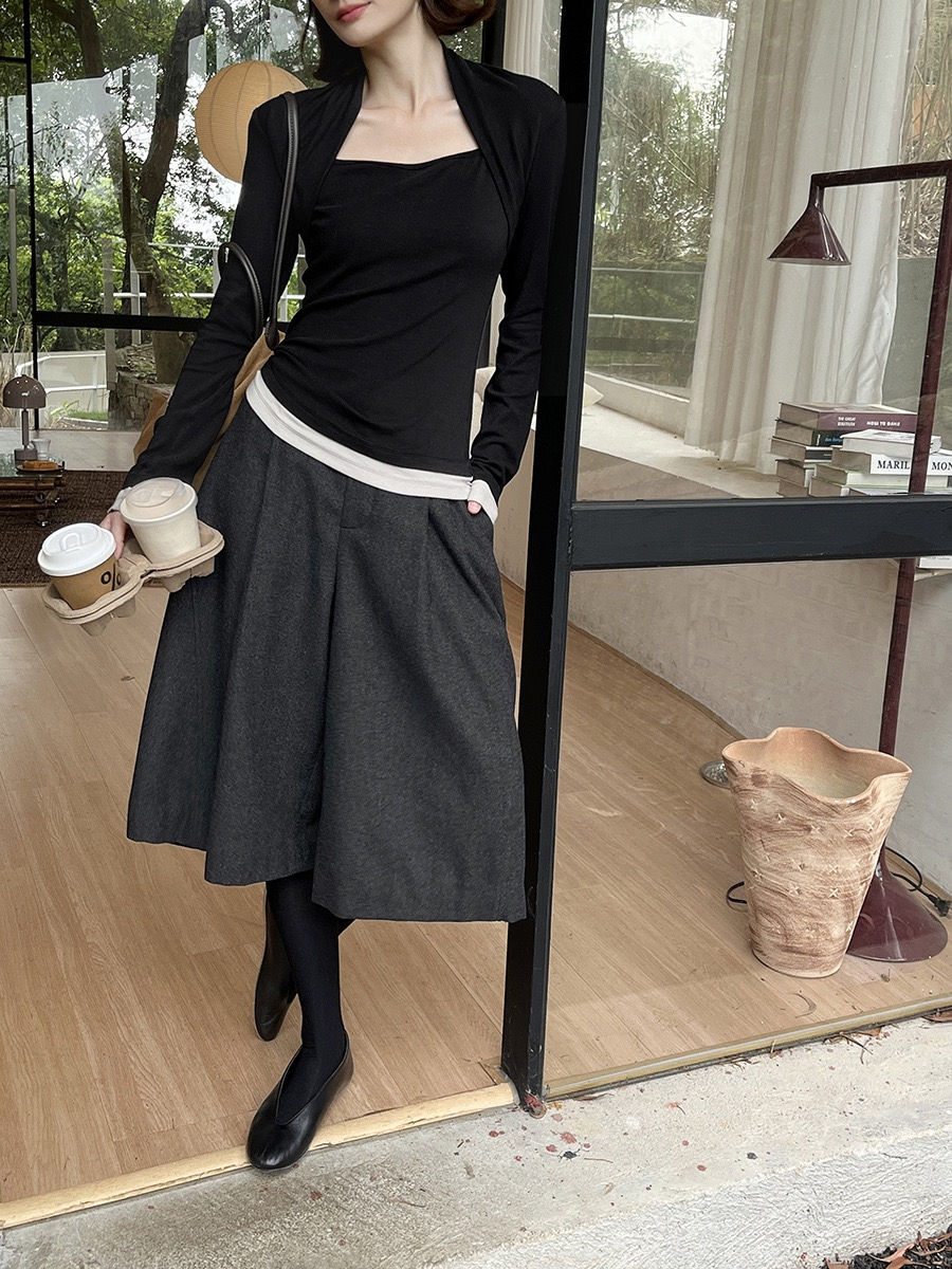 Thumbnail: Gracetina hoo French Style Wool Blend Herringbone Pleated Brushed Wide Leg Cropp