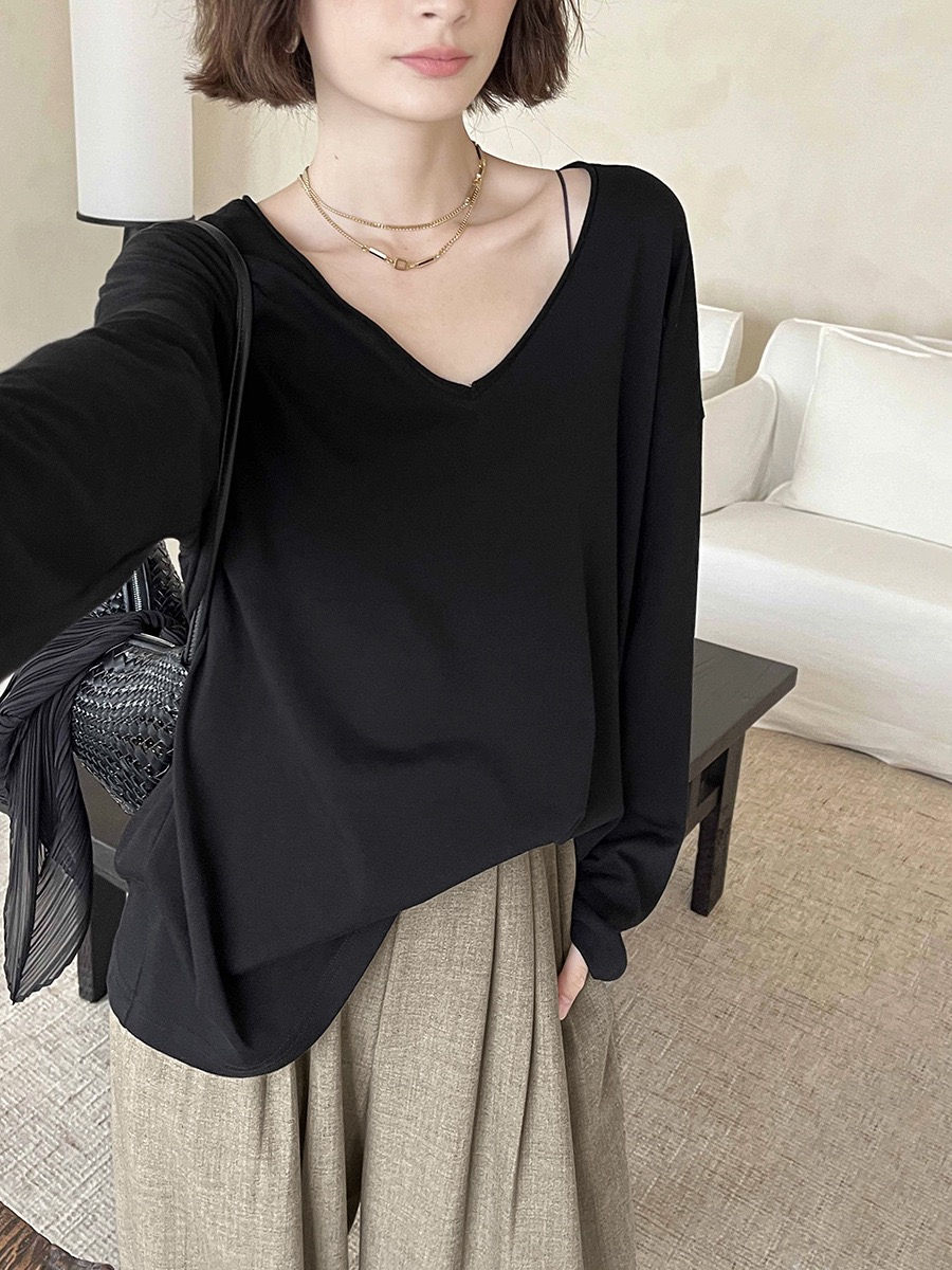 Gracetina Hoo French Style Tencel Wool V-Neck Long Sleeve T-Shirt Top (TB4179)