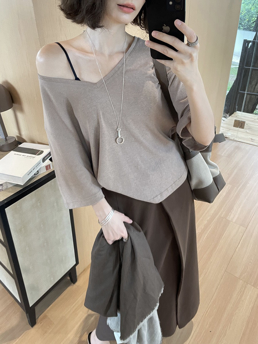 Gracetina Hoo French Style Cotton Mid Sleeve V Neck Simple and Versatile Loose T