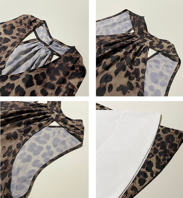 Thumbnail: Gracetina Hoo French style relax off-shoulder backless leopard print halter top