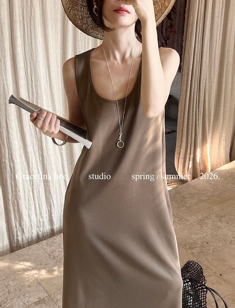 Thumbnail: Gracetina Hoo French Style Minimalist Textured Sleeveless U-Neck Dress (LYB231)