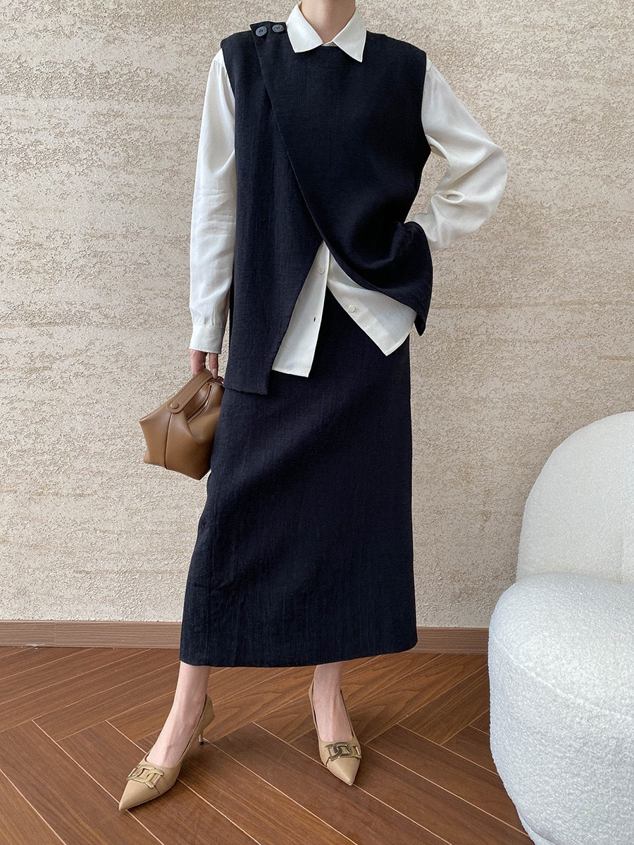 Thumbnail: Sinan Tencel Linen Textured Irregular Vest + Skirt Two piece Set 