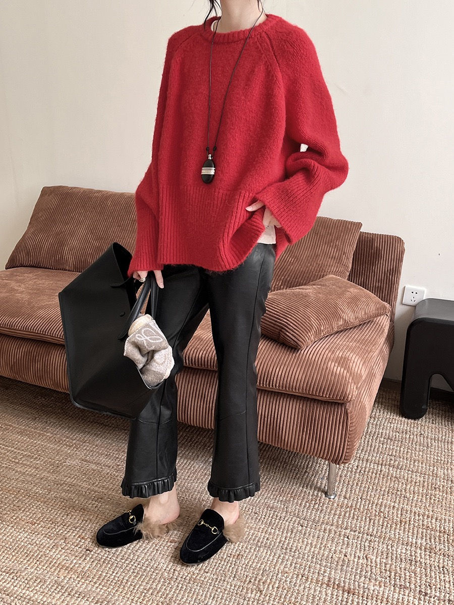 Gracetina Hoo Simple Leather Fleece Line Ruffled Flared Cropped Leather Pants (K