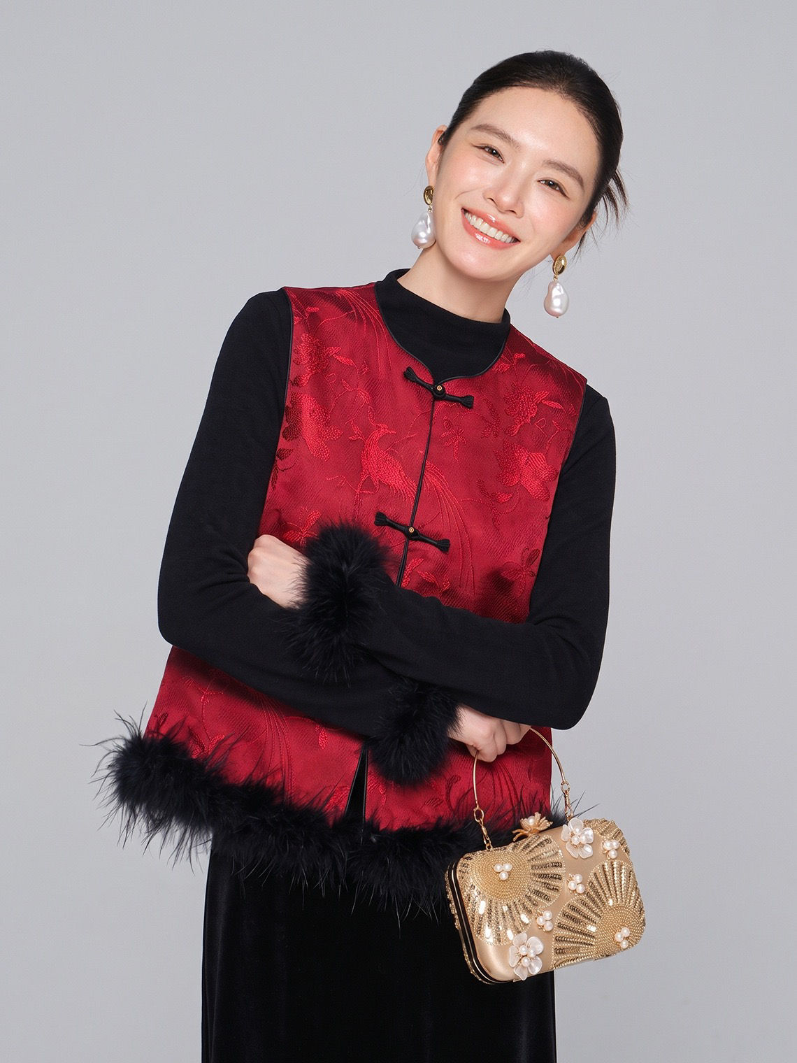Cervotessile New Chinese Style Jacquard Sleeveless Vest with Feathers (3300-1)