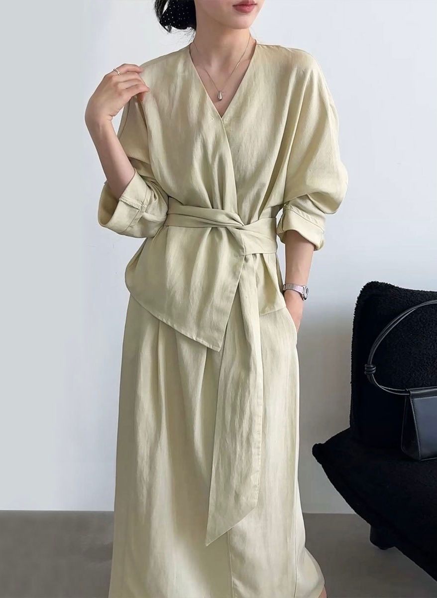 Thumbnail: Luxi Elegant Linen Shirt and Skirt Two-Piece Sets (5233)