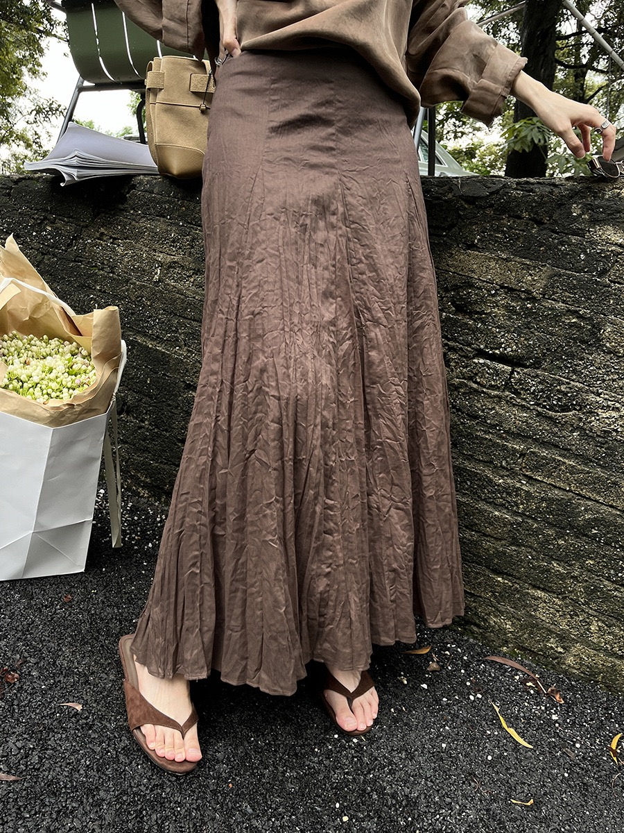 Gracetina Hoo French Style Linen Pleated A-line Versatile Midi Skirt (BQA5159)