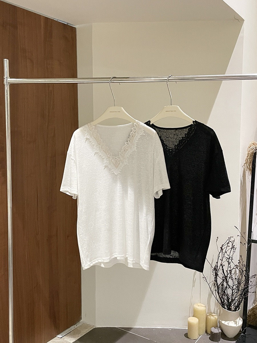 Thumbnail: Gracetina Hoo French Style V-Neck Short Sleeve T-Shirt Top (TB8126)